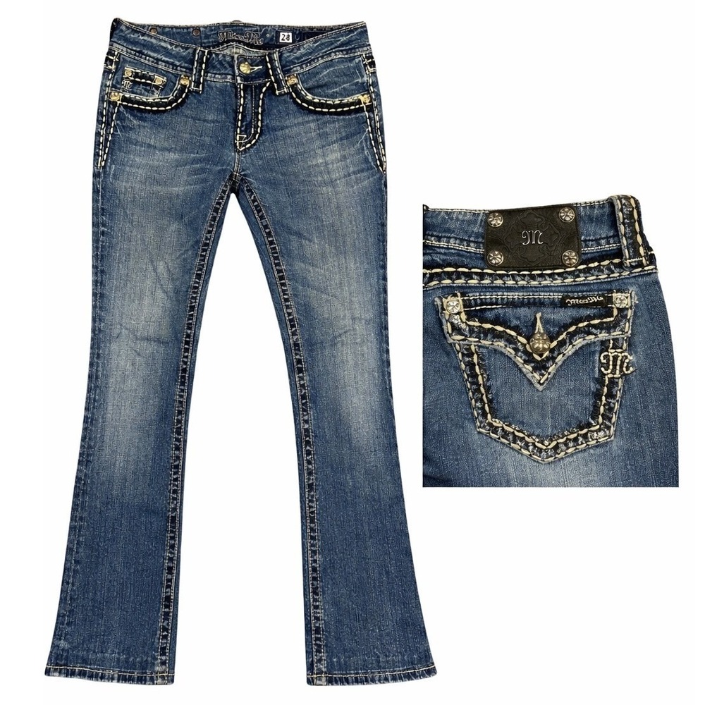 Miss Me Bootcut Jeans Women Size 28 Dark Blue Rhinestone Denim Y2K Stitching